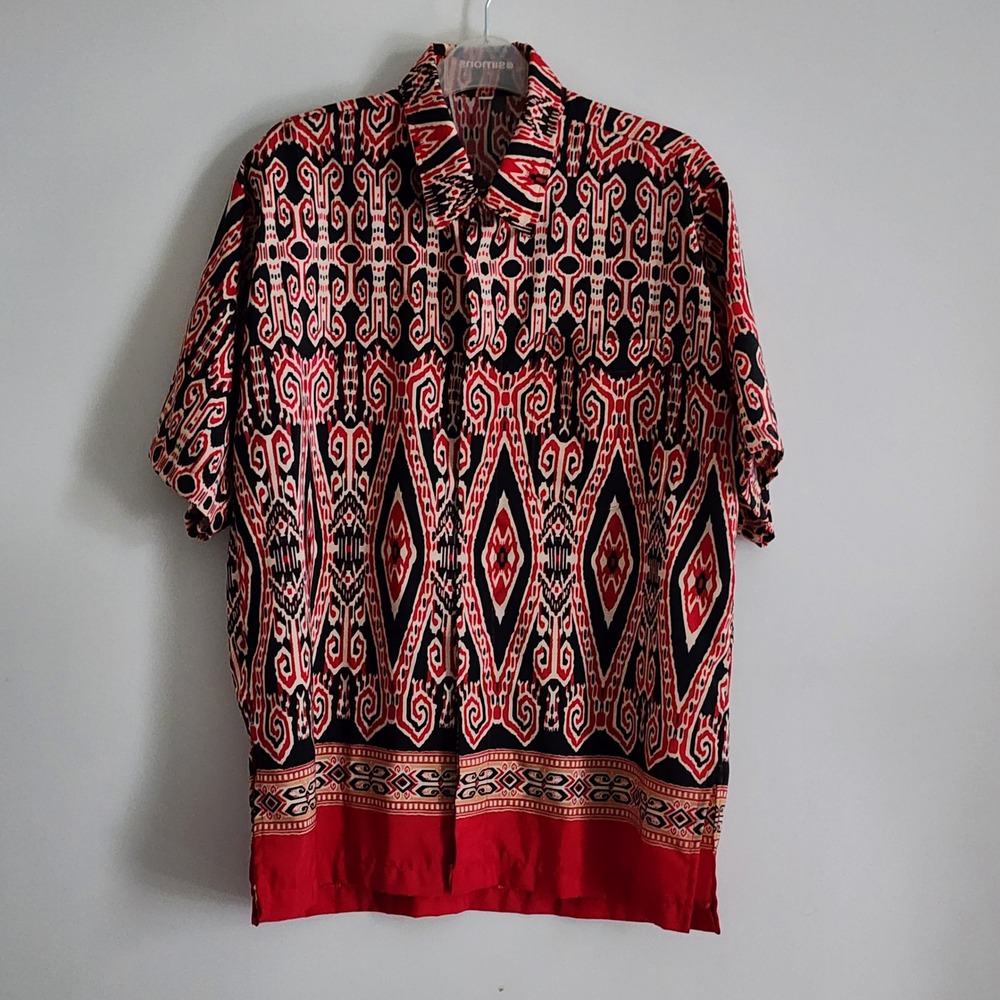 Ikat Print Button Down Shirt Mens Large Red Black Tribal Geometric Casual Resort